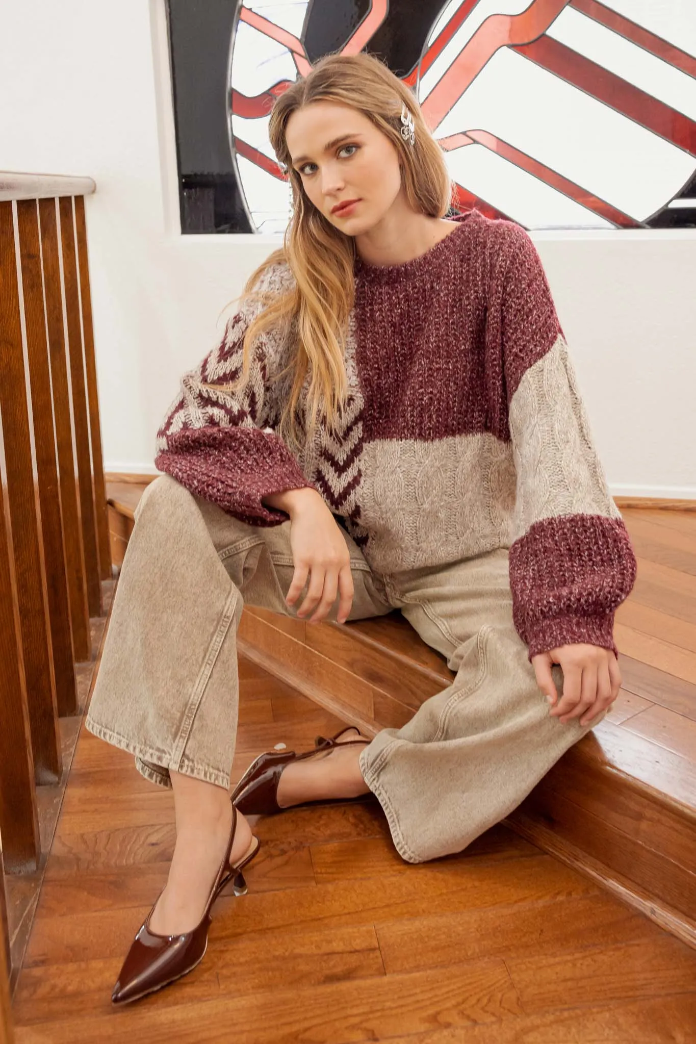 COLORBLOCK CHEVRON CABLE KNIT SWEATER sold by Blu Pepper product image thumbnail 5