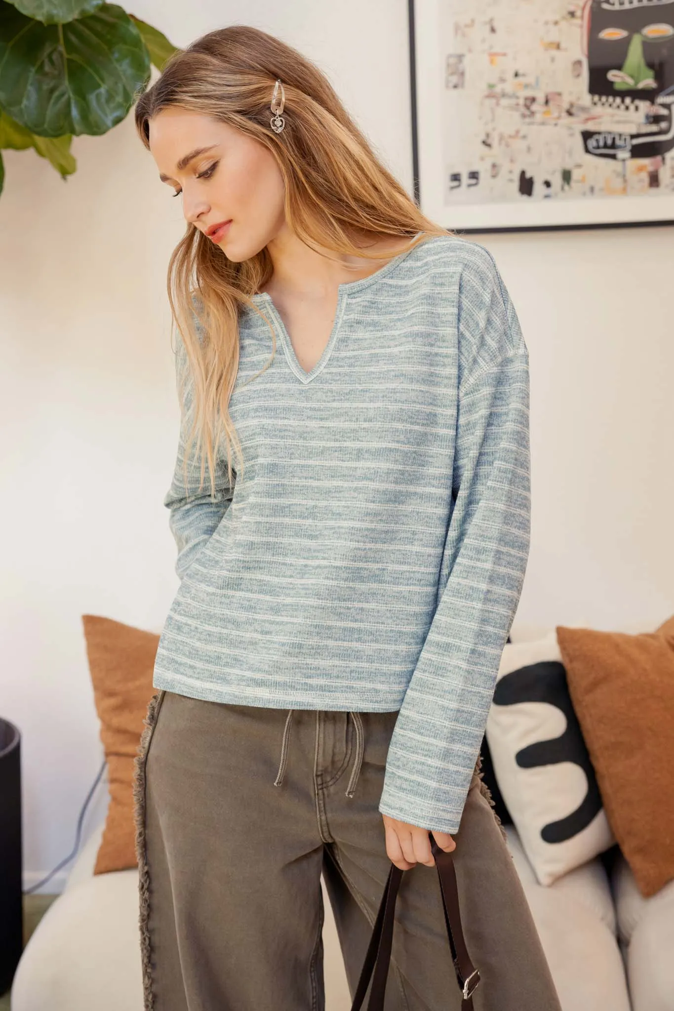 STRIPE SPLIT NECK LONG SLEEVE MARLED KNIT TOP sold by Blu Pepper