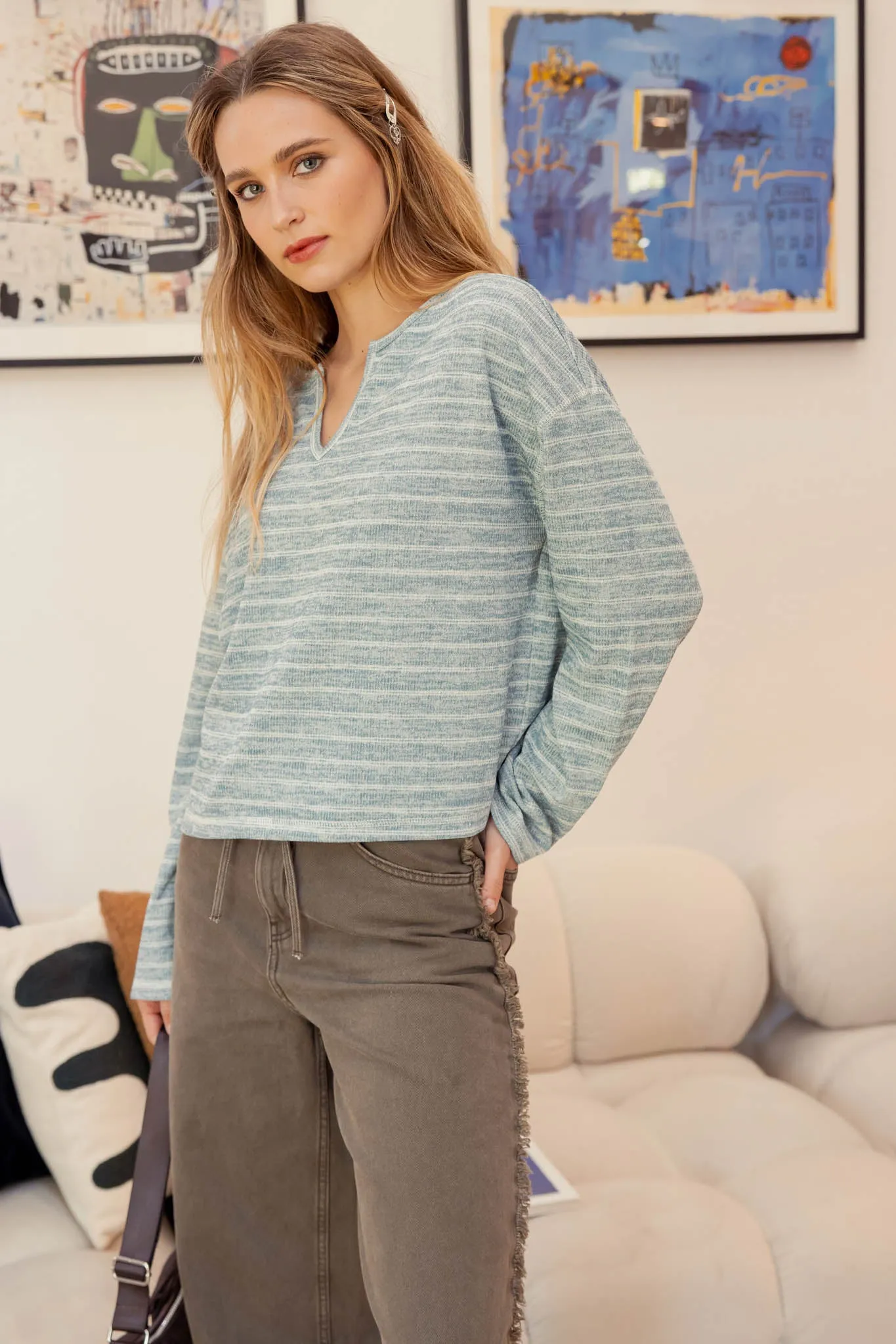 STRIPE SPLIT NECK LONG SLEEVE MARLED KNIT TOP sold by Blu Pepper product image thumbnail 2