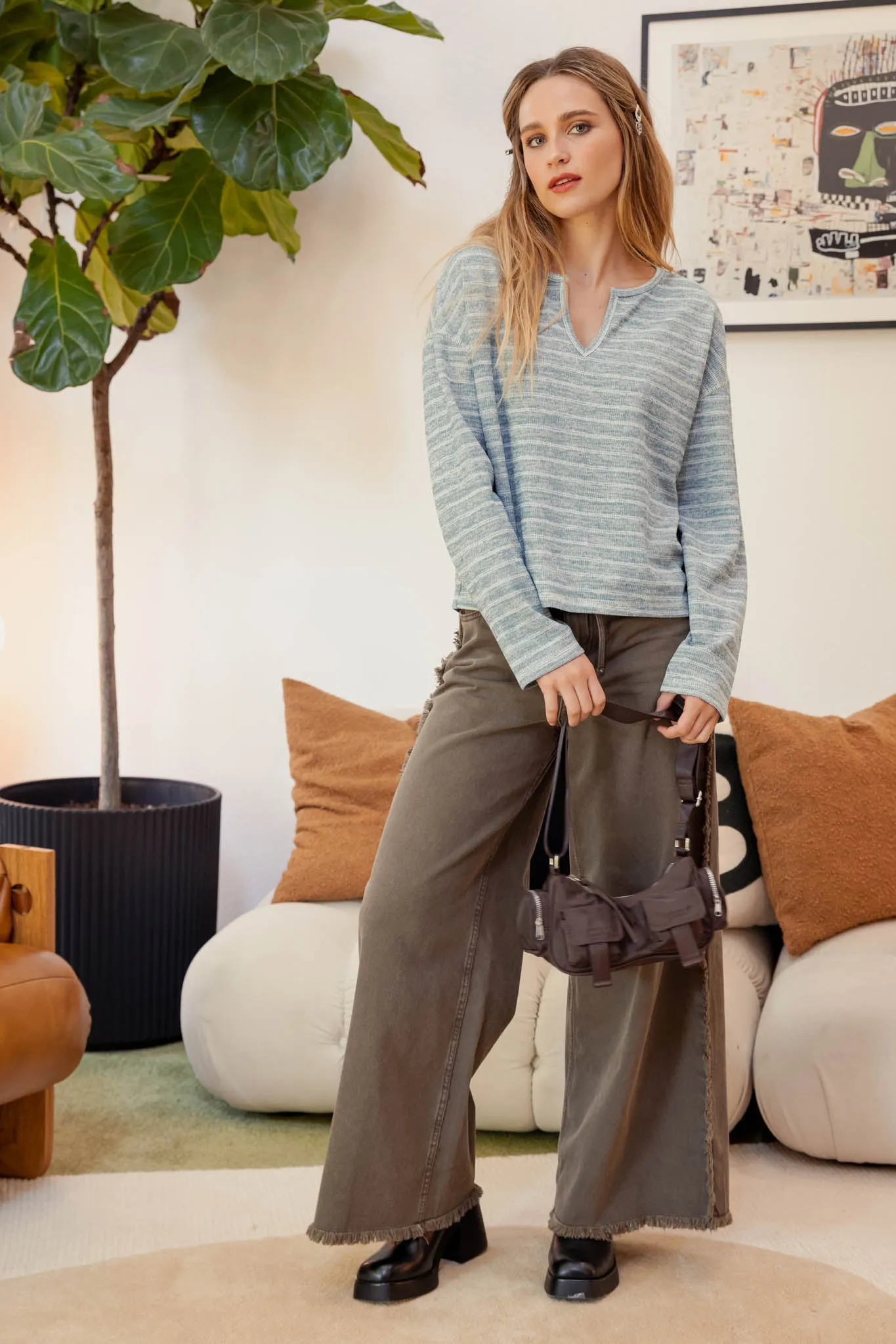 STRIPE SPLIT NECK LONG SLEEVE MARLED KNIT TOP sold by Blu Pepper product image thumbnail 4