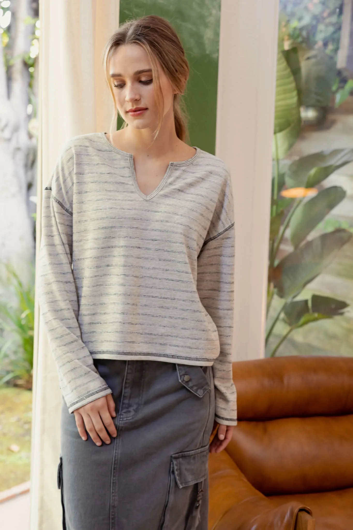 STRIPE SPLIT NECK LONG SLEEVE MARLED KNIT TOP sold by Blu Pepper product image thumbnail 5