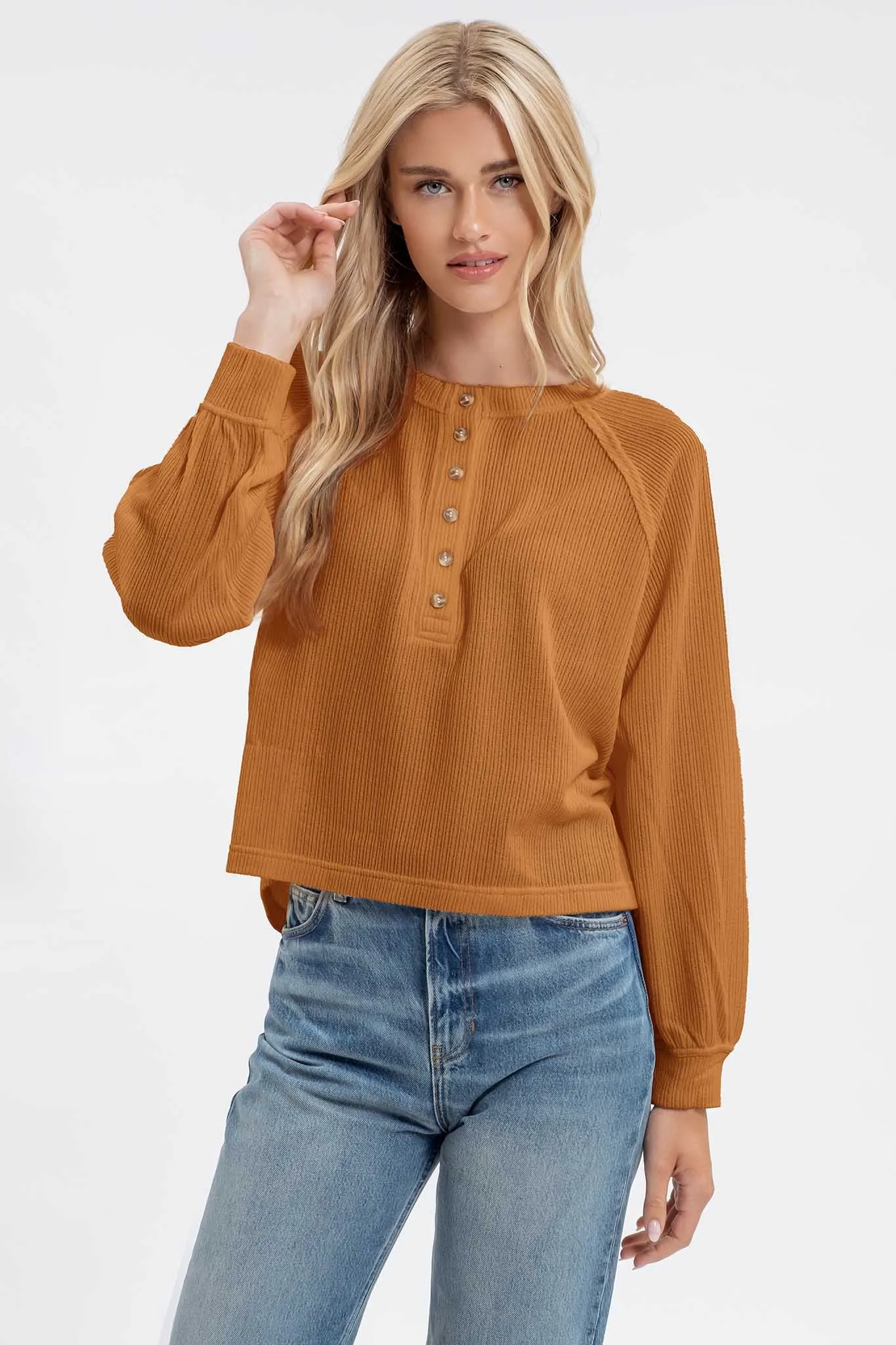 RAGLAN LONG SLEEVE HENLEY KNIT TOP sold by Blu Pepper
