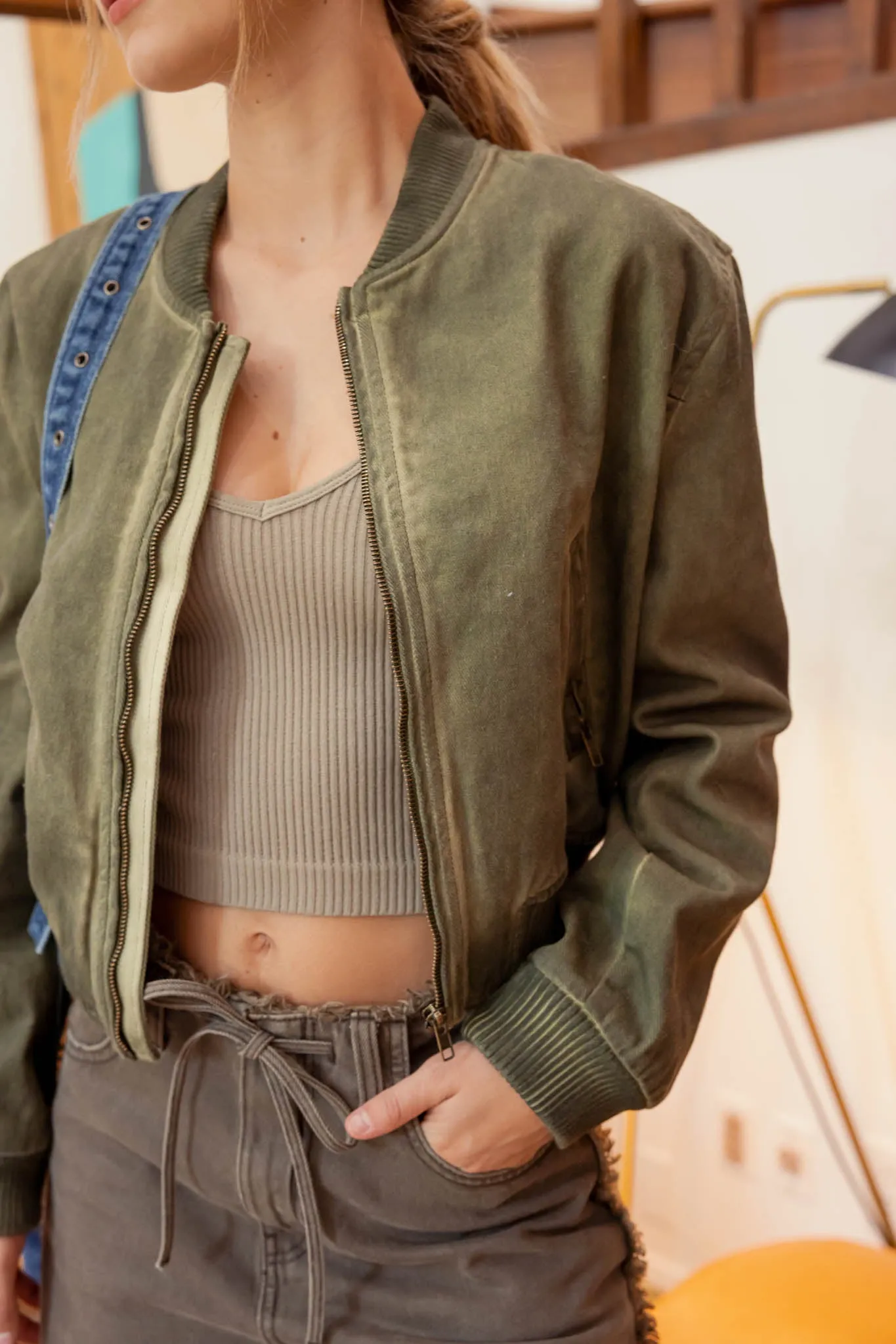 WASHED DEMIN ZIP UP BOMBER JACKET sold by Blu Pepper