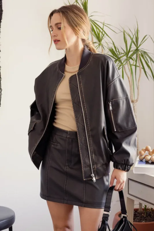 OVERSIZED FAUX LEATHER ZIP UP BOMBER JACKET sold by Blu Pepper