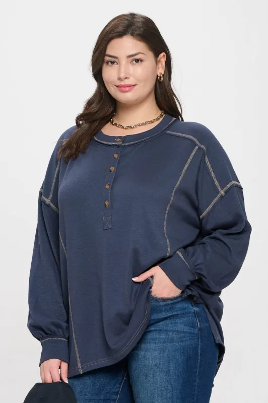 PLUS CONTRAST STITCH LONG SLEEVE HENLEY KNIT TOP sold by Blu Pepper