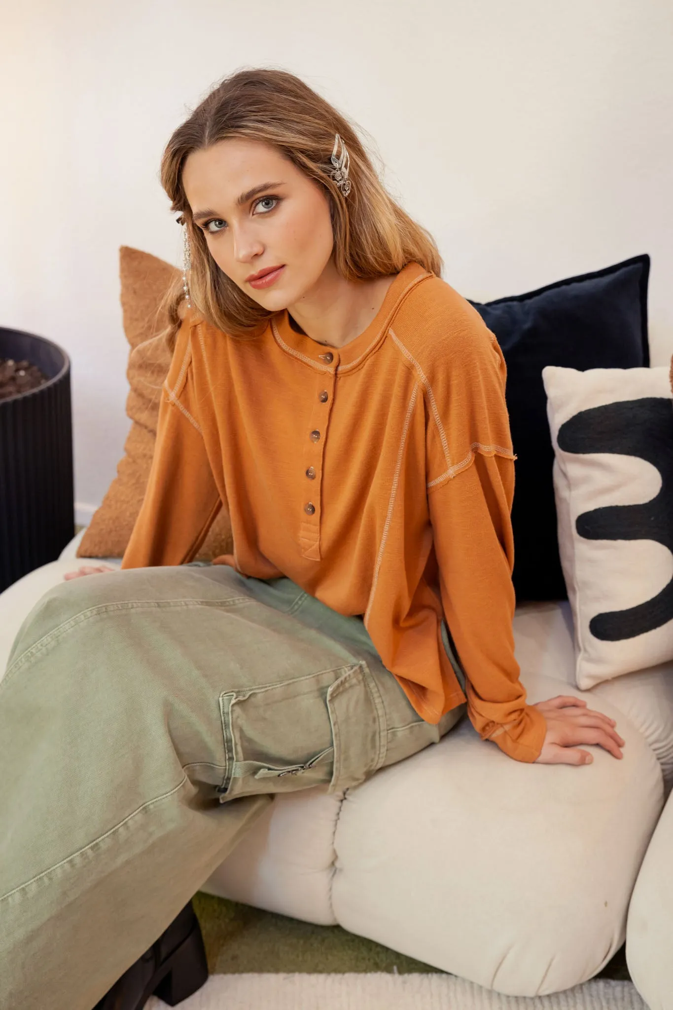 CONTRAST STITCH LONG SLEEVE HENLEY KNIT TOP sold by Blu Pepper product image thumbnail 5