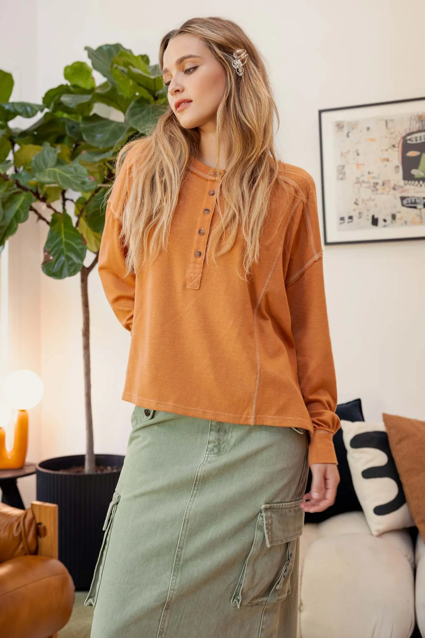 CONTRAST STITCH LONG SLEEVE HENLEY KNIT TOP sold by Blu Pepper
