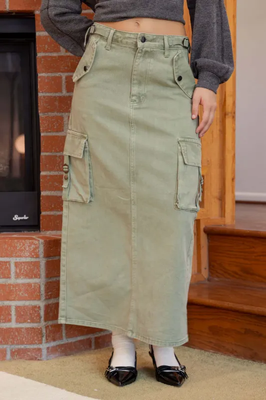 CARGO DENIM BACK SLIT MIDI SKIRT sold by Blu Pepper