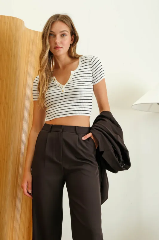 STRIPE HENLEY SHORT SLEEVE KNIT CROP TOP sold by Blu Pepper