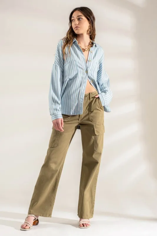 STRIPED BUTTON DOWN SHACKET sold by Blu Pepper