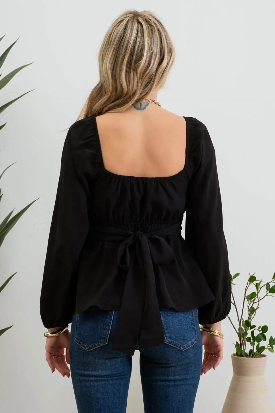 SCOOP NECK LONG SLEEVE BACK WAIST TIE BLOUSE sold by Blu Pepper product image thumbnail 2