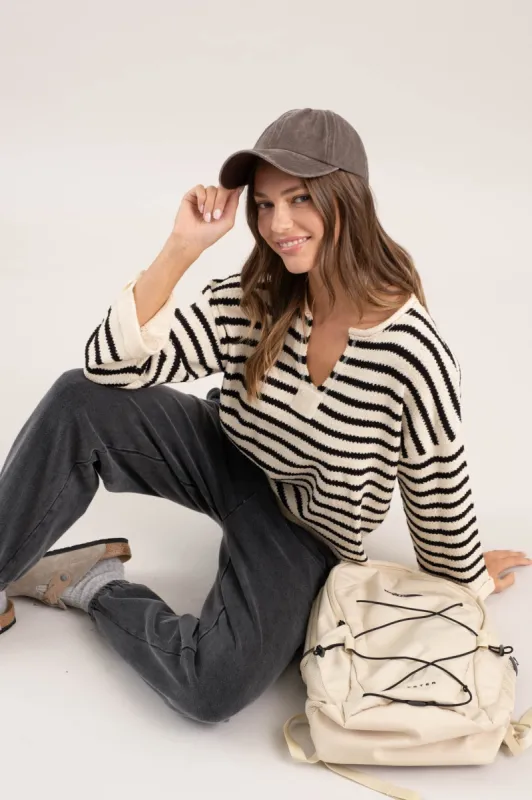 STRIPE SPLIT NECK LONG SLEEVE KNIT SWEATER sold by Blu Pepper