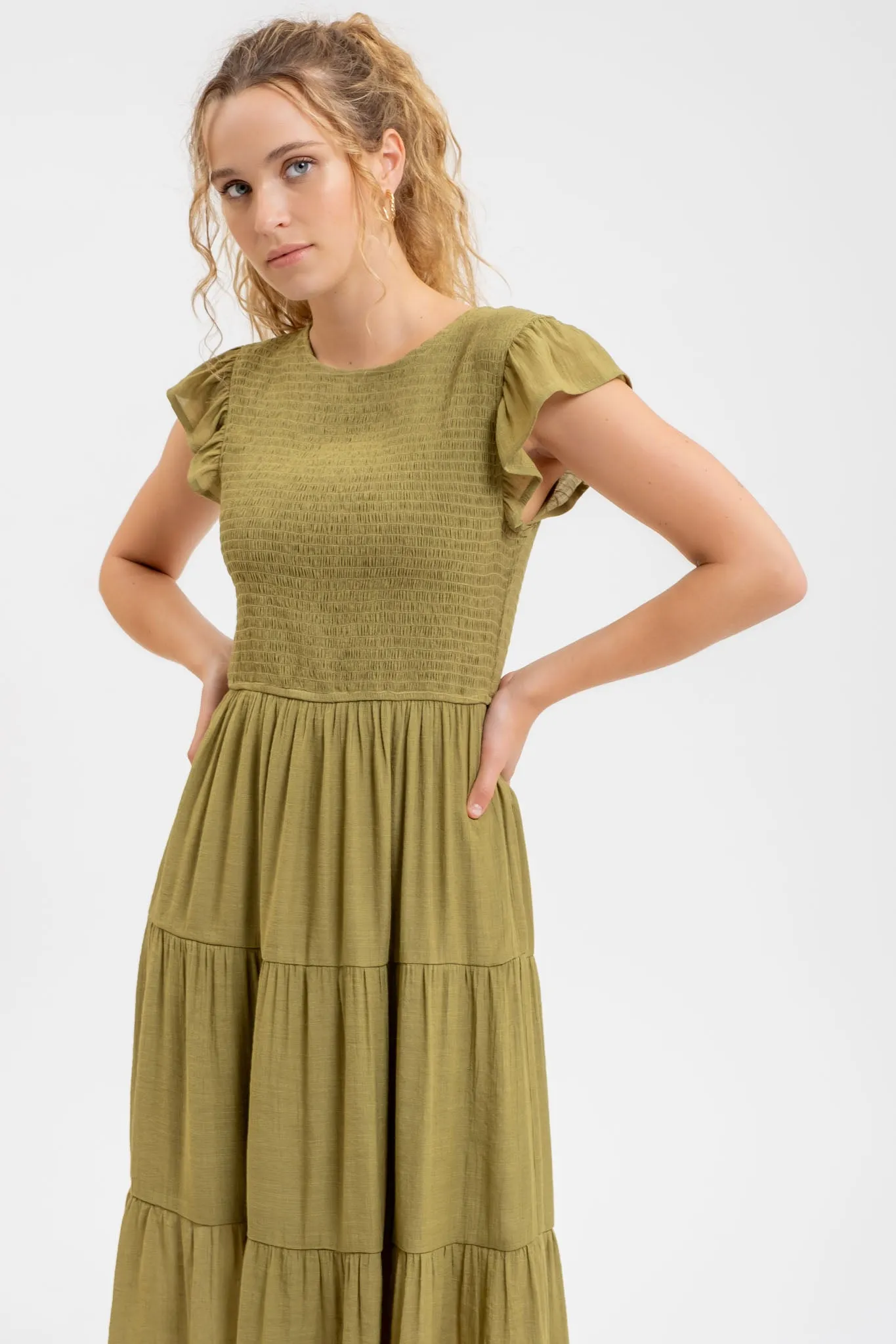 PLUS SMOCKED TIERED MIDI DRESS sold by Blu Pepper
