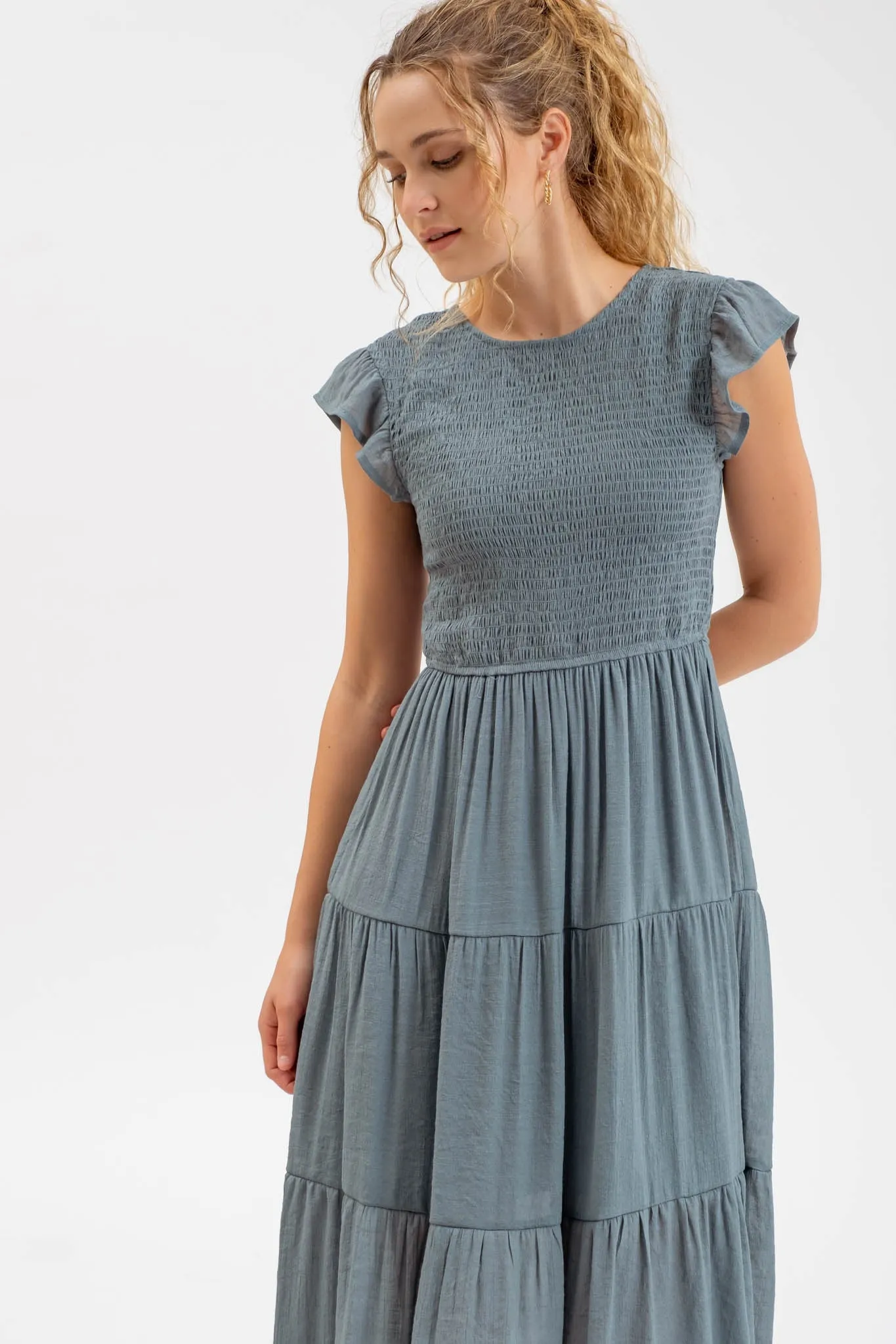 PLUS SMOCKED TIERED MIDI DRESS sold by Blu Pepper product image thumbnail 5
