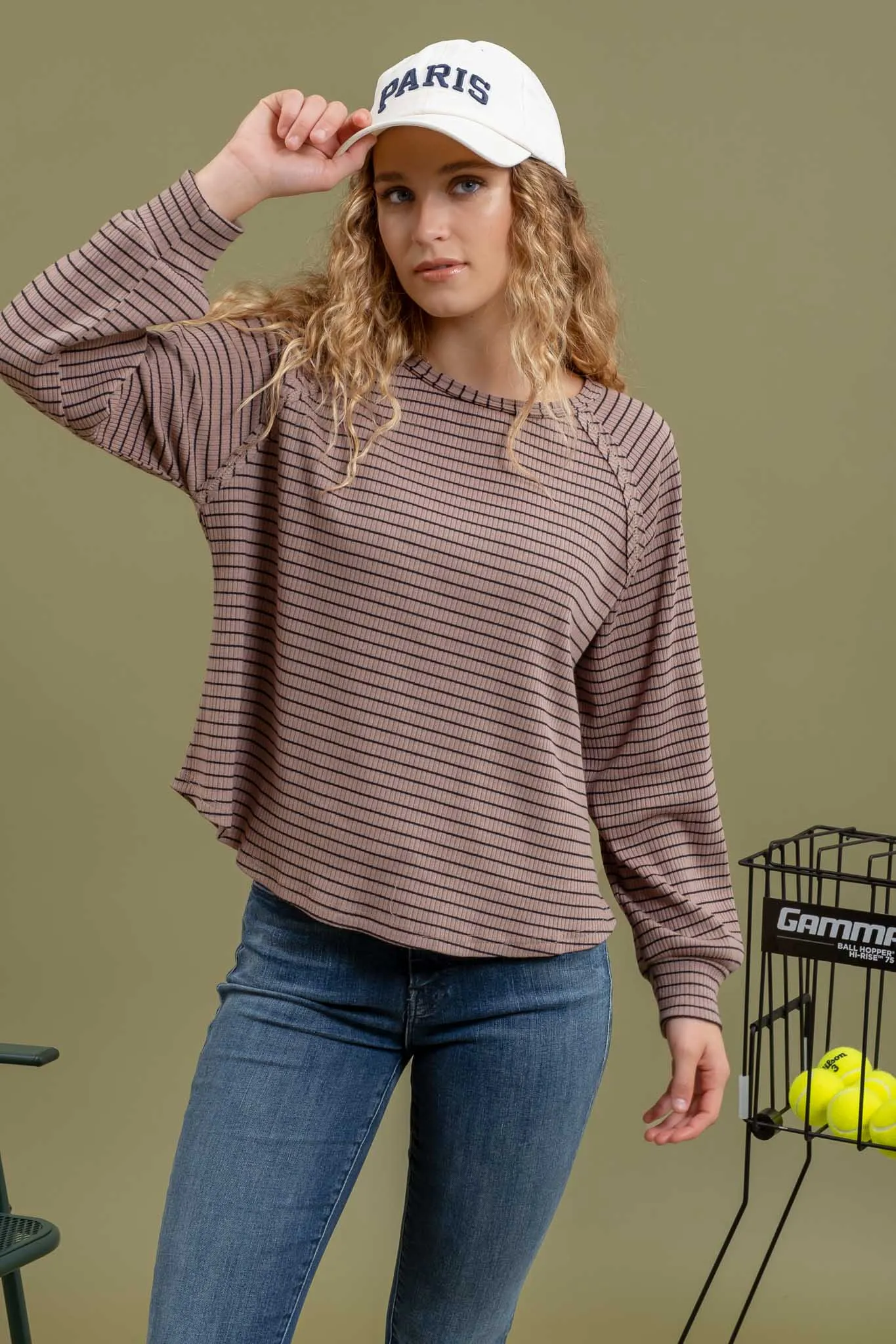 STRIPED RAGLAN SLEEVE KNIT TOP sold by Blu Pepper