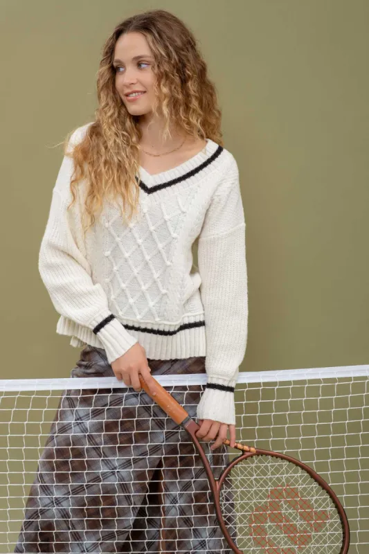 V NECK CABLEKNIT PREPPY SWEATER sold by Blu Pepper