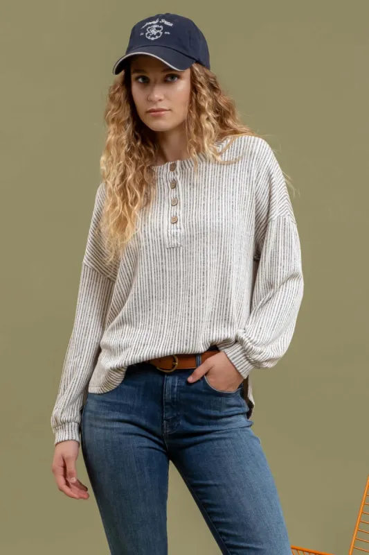HALF BUTTON STRIPED KNIT TOP sold by Blu Pepper