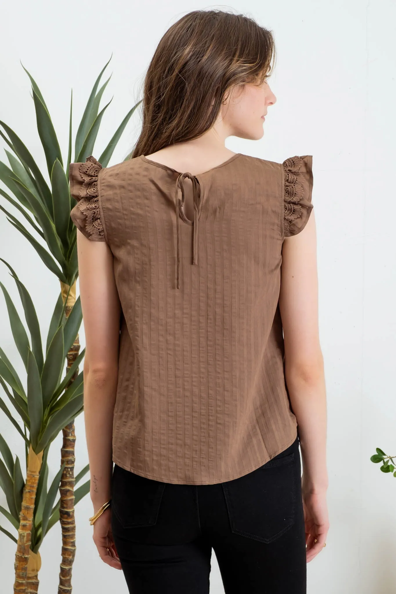 JAQUARD STRIPE LACE TRIM SHORT SLEEVE BLOUSE sold by Blu Pepper product image thumbnail 2