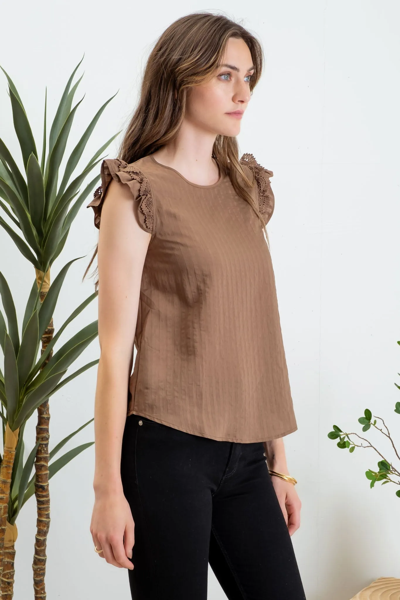 JAQUARD STRIPE LACE TRIM SHORT SLEEVE BLOUSE sold by Blu Pepper product image thumbnail 3