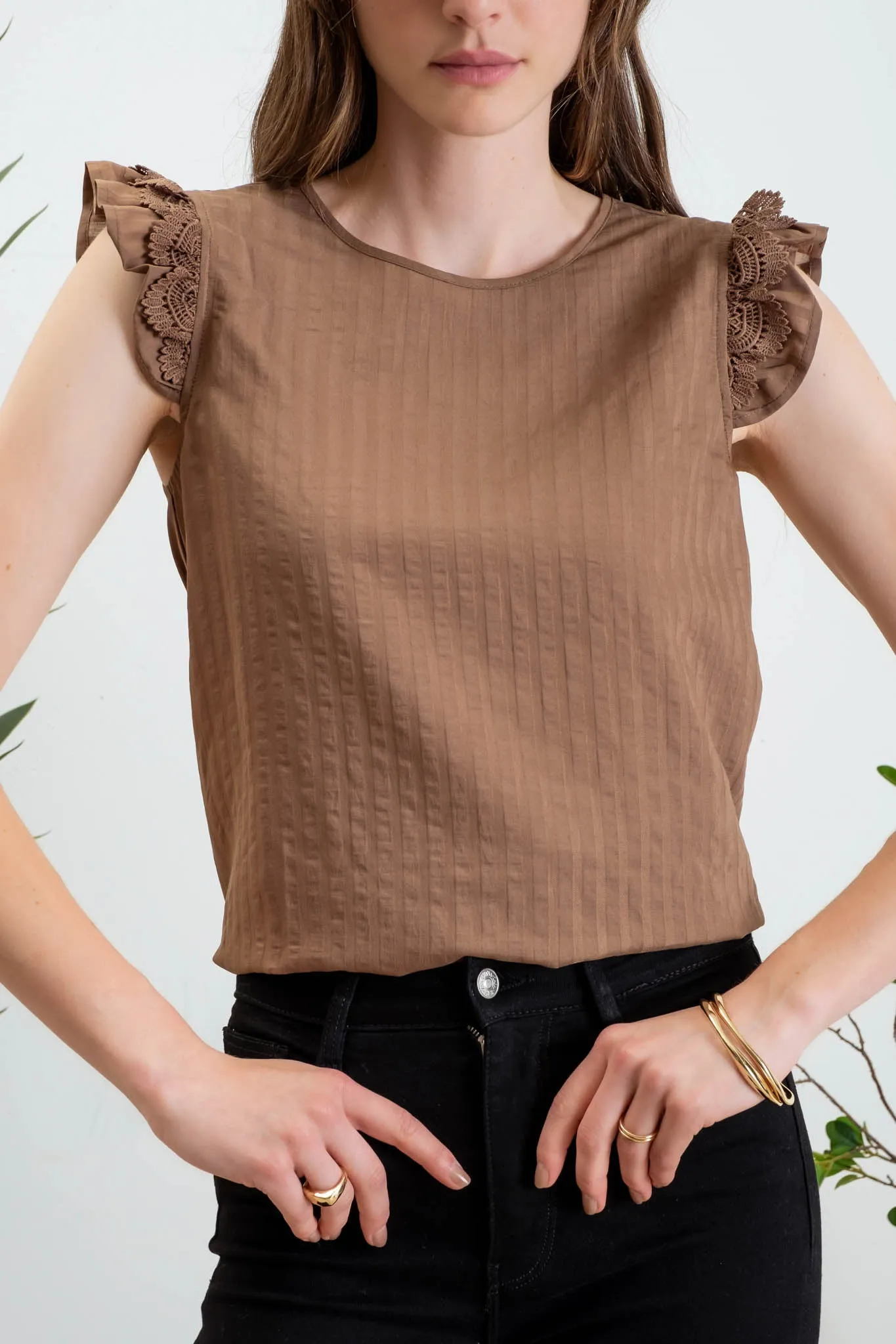 JAQUARD STRIPE LACE TRIM SHORT SLEEVE BLOUSE sold by Blu Pepper