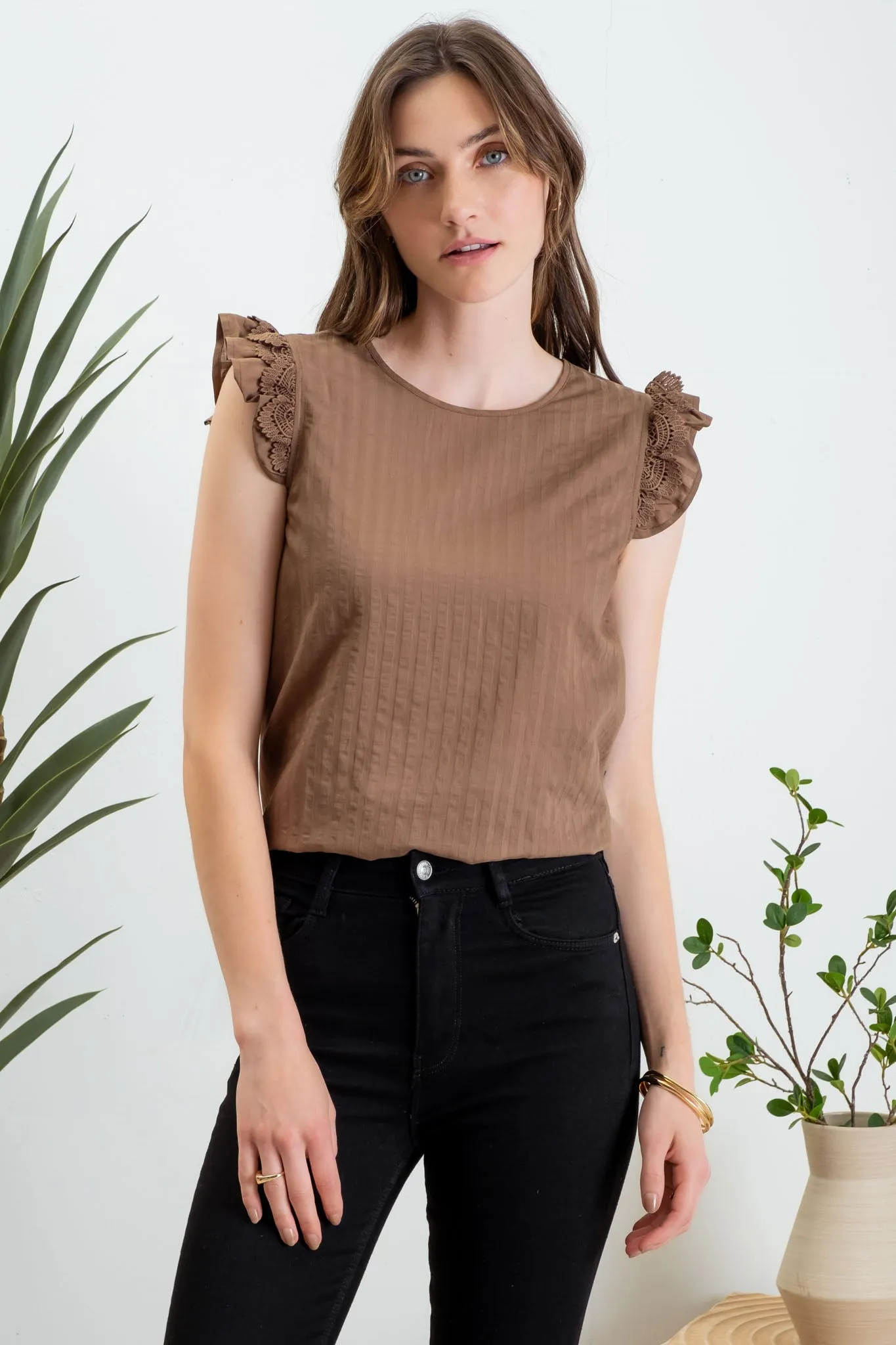 JAQUARD STRIPE LACE TRIM SHORT SLEEVE BLOUSE sold by Blu Pepper product image thumbnail 4