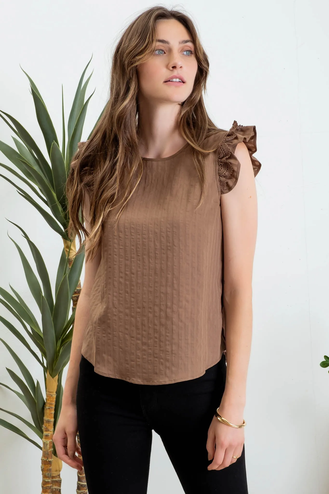 JAQUARD STRIPE LACE TRIM SHORT SLEEVE BLOUSE sold by Blu Pepper product image thumbnail 5