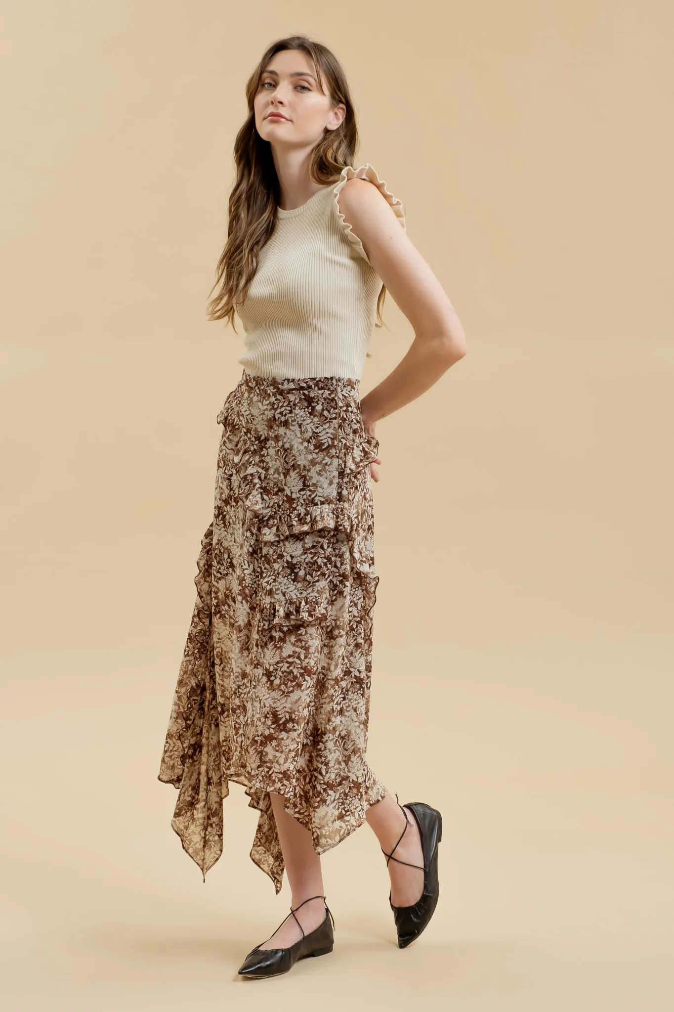 FLORAL RUFFLED SPLIT THIGH HANDKERCHIEF MIDI SKIRT sold by Blu Pepper product image thumbnail 3