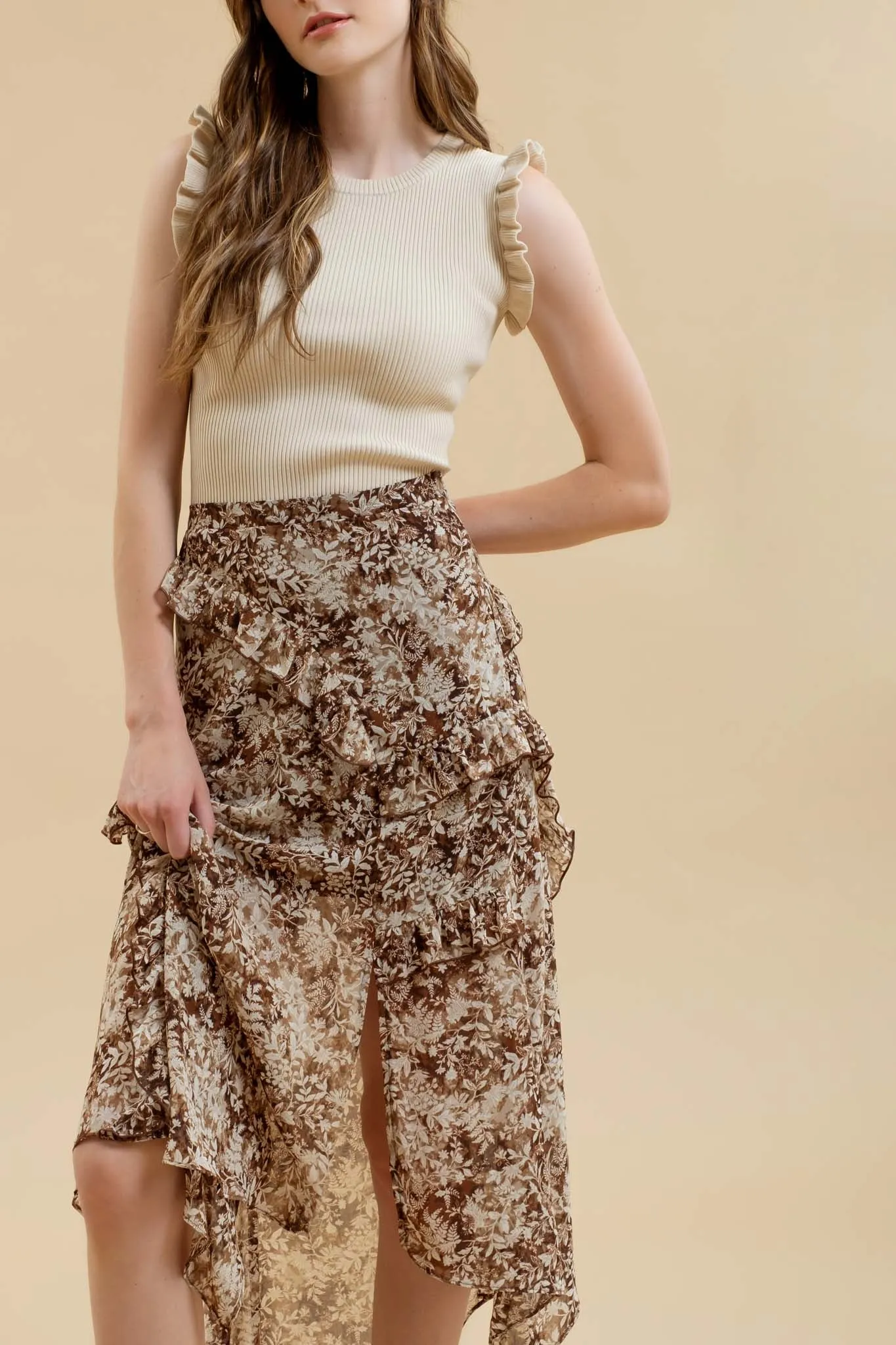 FLORAL RUFFLED SPLIT THIGH HANDKERCHIEF MIDI SKIRT sold by Blu Pepper