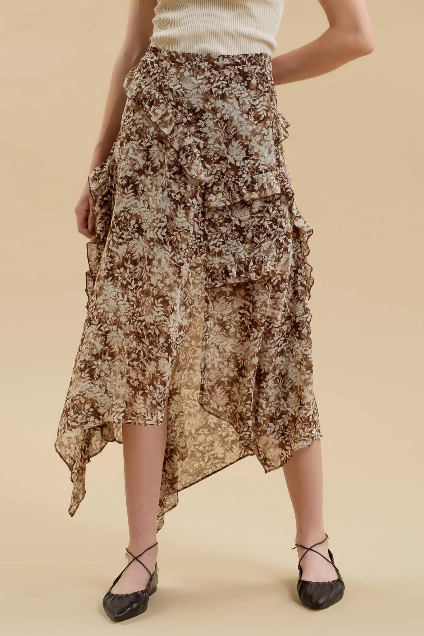 FLORAL RUFFLED SPLIT THIGH HANDKERCHIEF MIDI SKIRT sold by Blu Pepper product image thumbnail 4