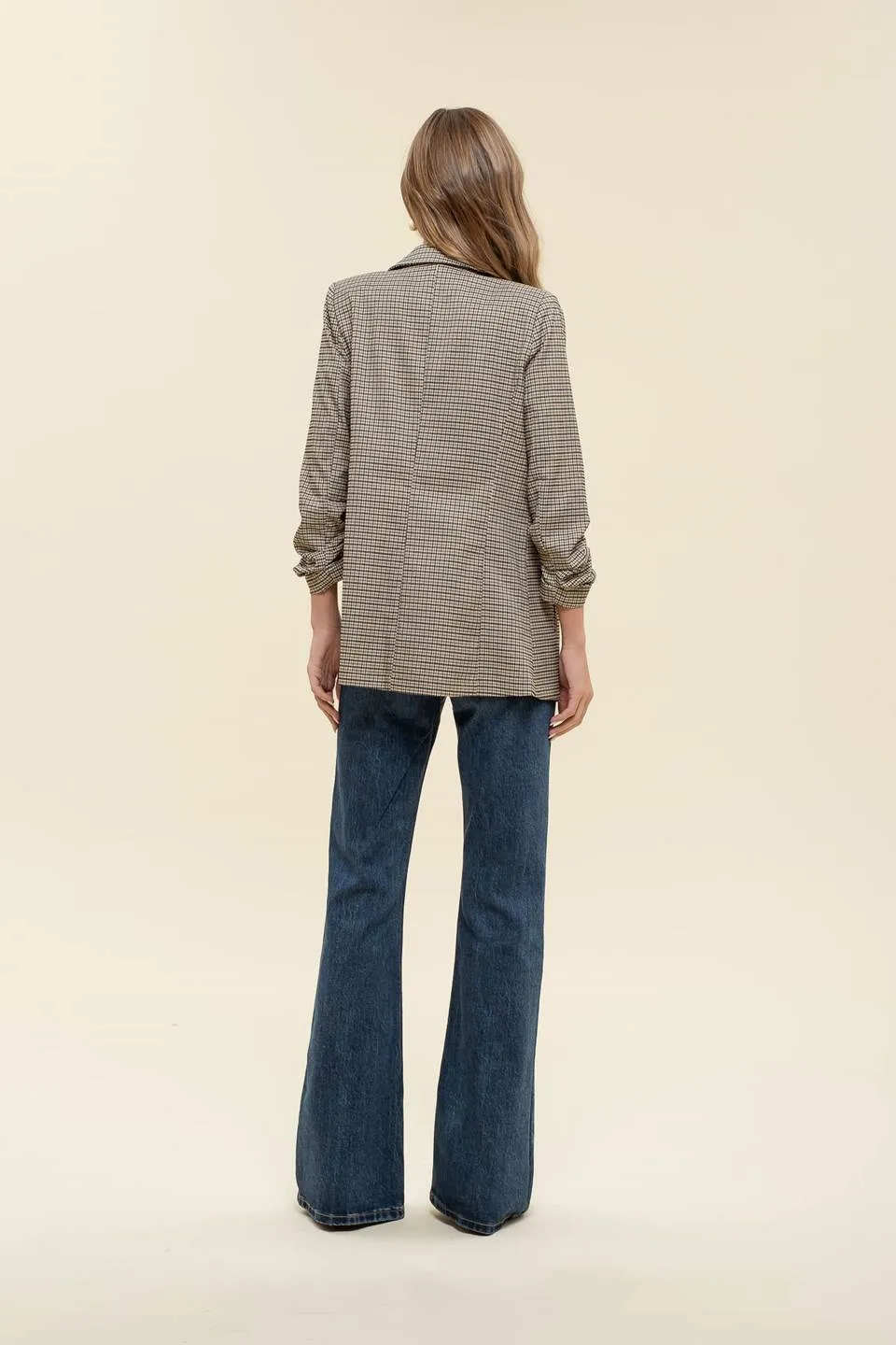 PLAID 3/4 RUCHED SLEEVE COLLARED BLAZER sold by Blu Pepper product image thumbnail 2