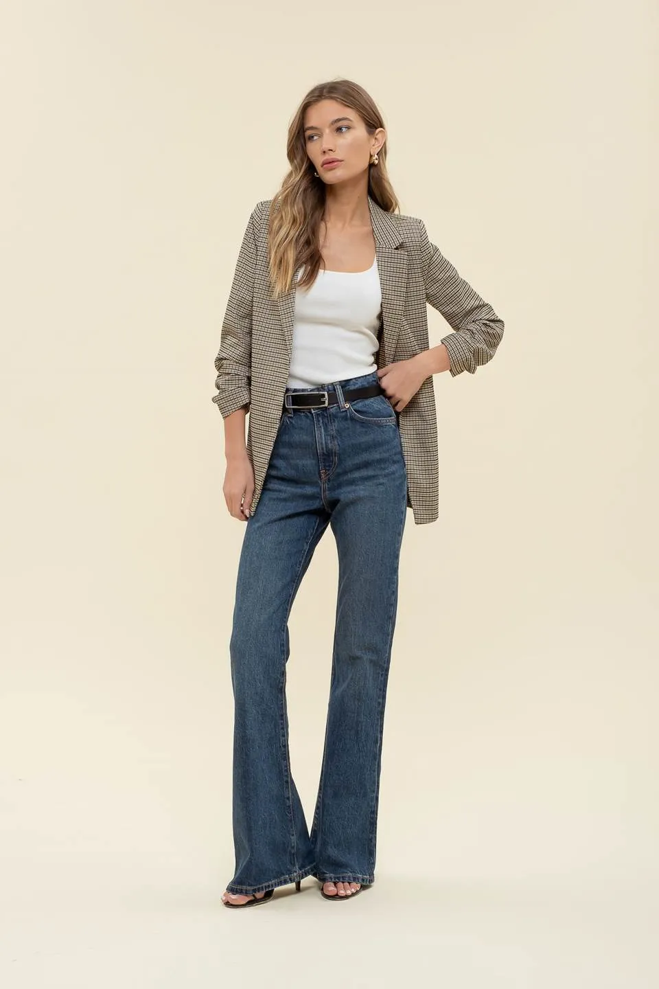 PLAID 3/4 RUCHED SLEEVE COLLARED BLAZER sold by Blu Pepper