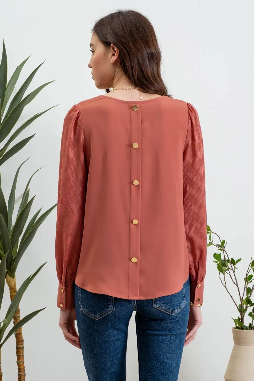 V NECK BACK BUTTONED SHEER PLAID LONG SLEEVE BLOUS sold by Blu Pepper product image thumbnail 2