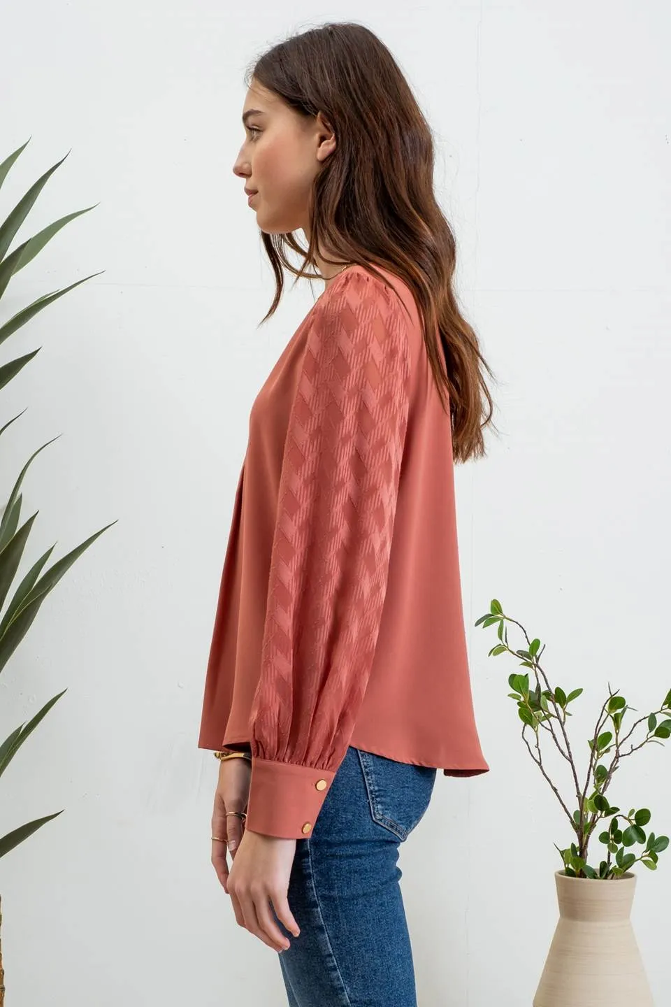 V NECK BACK BUTTONED SHEER PLAID LONG SLEEVE BLOUS sold by Blu Pepper product image thumbnail 3