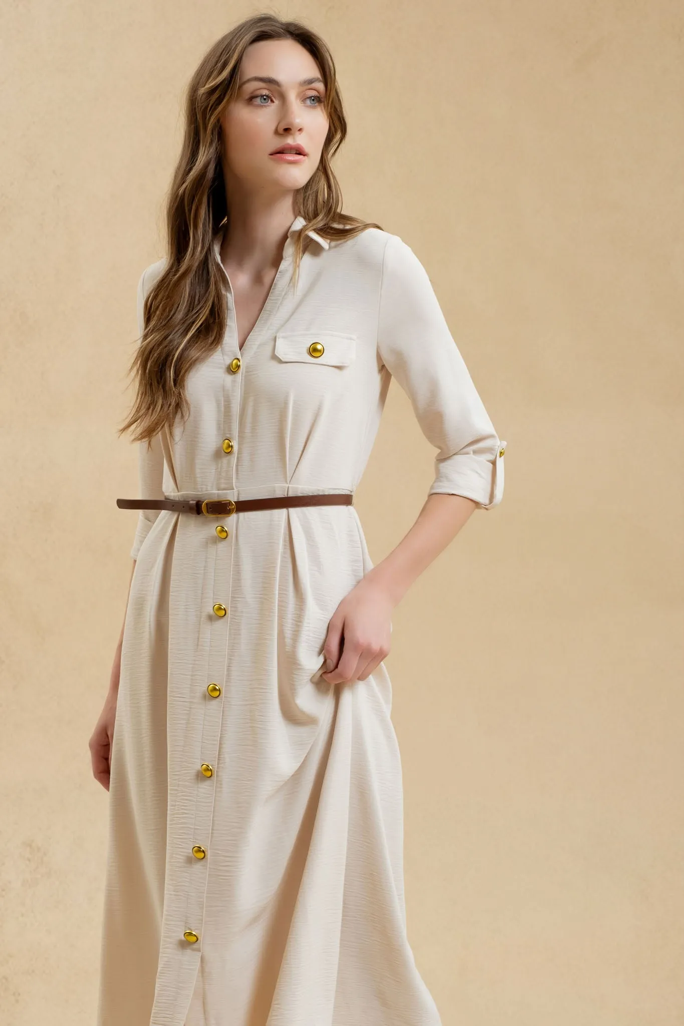 COLLARED BUTTON DOWN 3/4 SLEEVE BELTED MIDI DRESS sold by Blu Pepper product image thumbnail 4