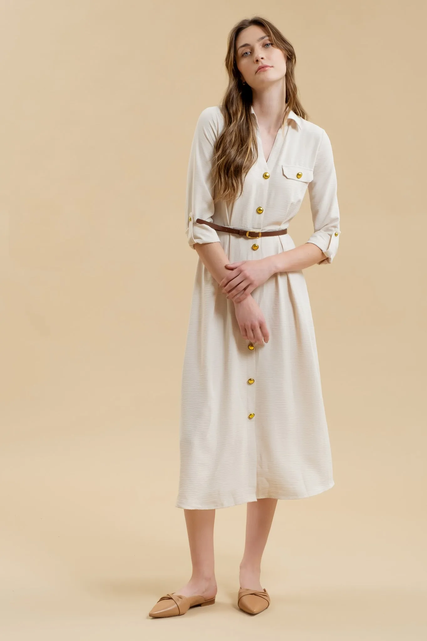 COLLARED BUTTON DOWN 3/4 SLEEVE BELTED MIDI DRESS sold by Blu Pepper product image thumbnail 5