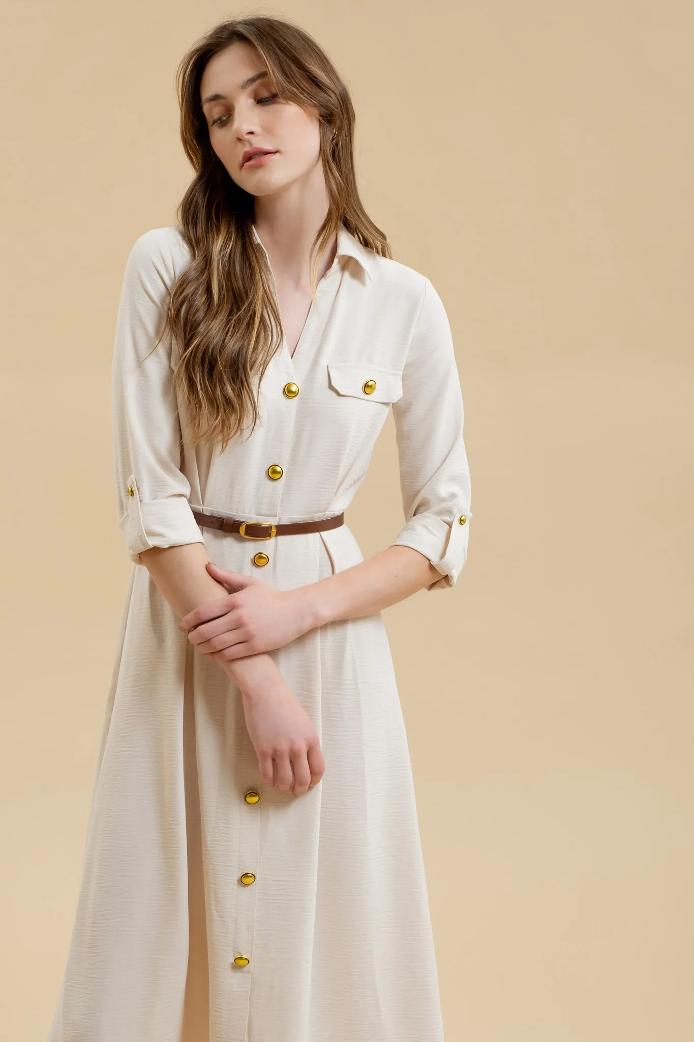 COLLARED BUTTON DOWN 3/4 SLEEVE BELTED MIDI DRESS sold by Blu Pepper