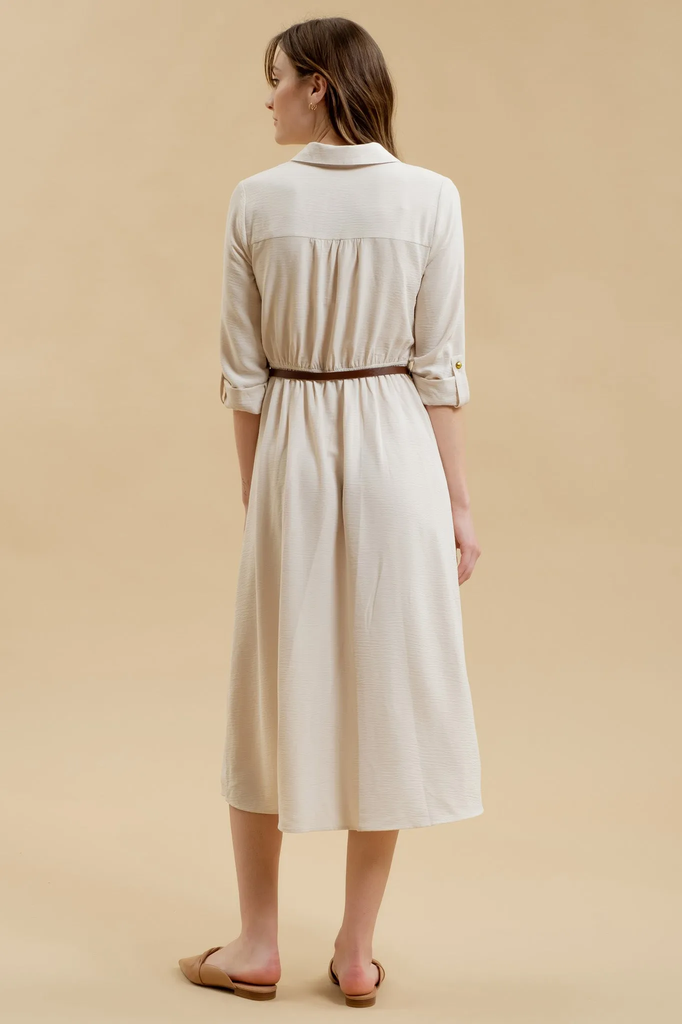 COLLARED BUTTON DOWN 3/4 SLEEVE BELTED MIDI DRESS sold by Blu Pepper product image thumbnail 2