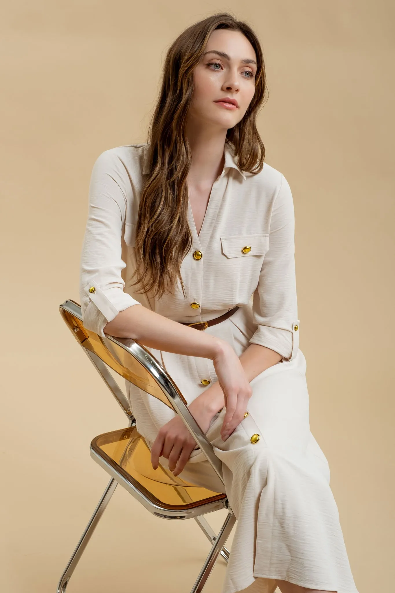 COLLARED BUTTON DOWN 3/4 SLEEVE BELTED MIDI DRESS sold by Blu Pepper product image thumbnail 3