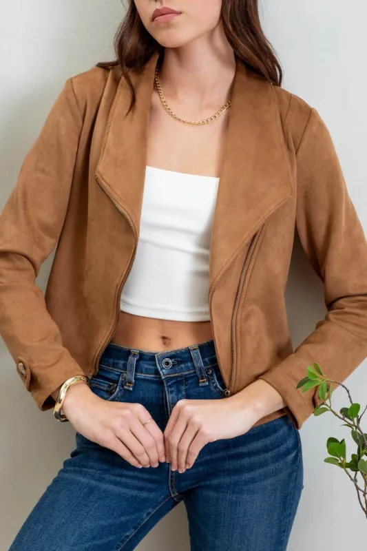 FAUX SUEDE ZIP UP MOTO JACKET sold by Blu Pepper