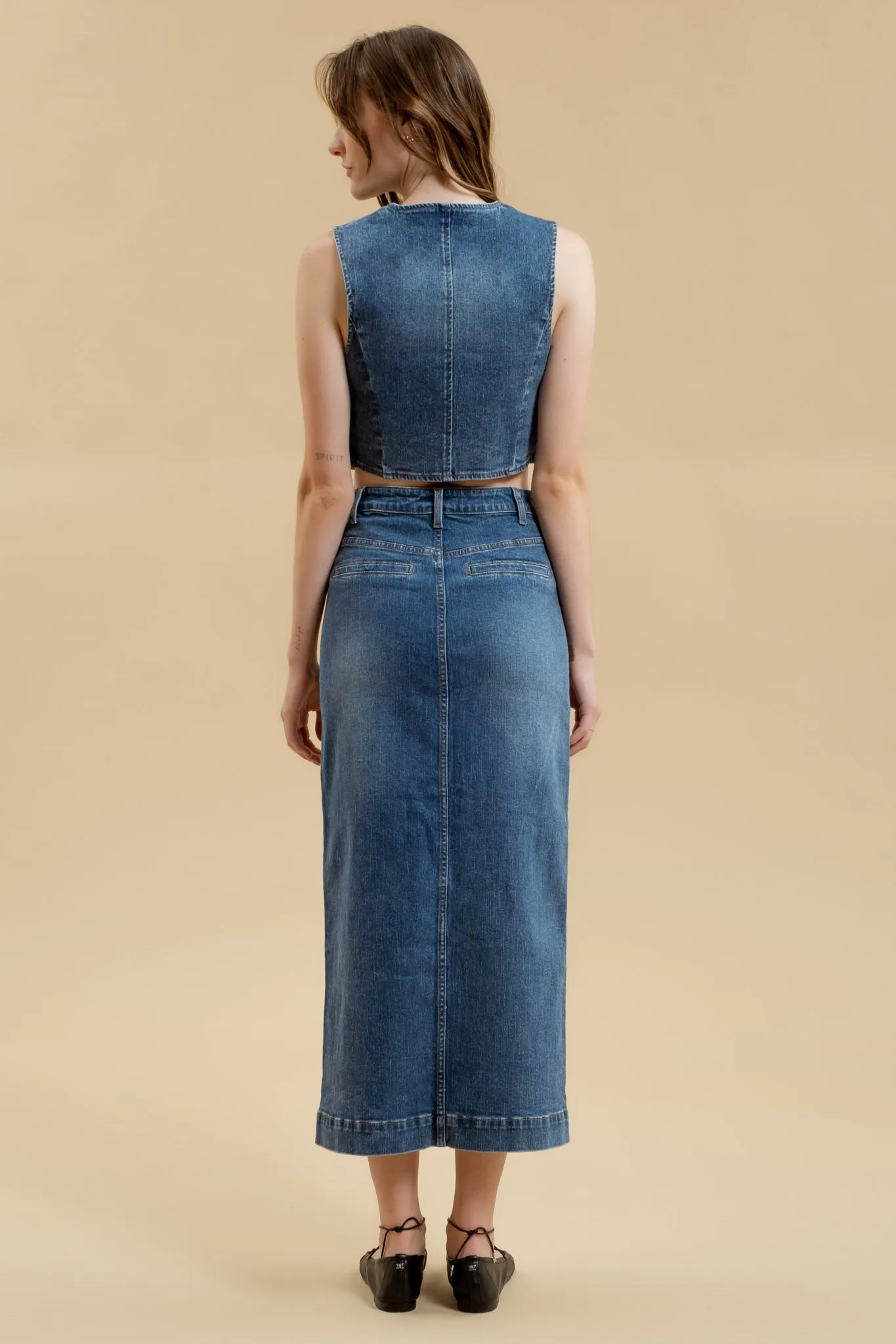 BUTTON DOWN DENIM MIDI SKIRT sold by Blu Pepper product image thumbnail 2