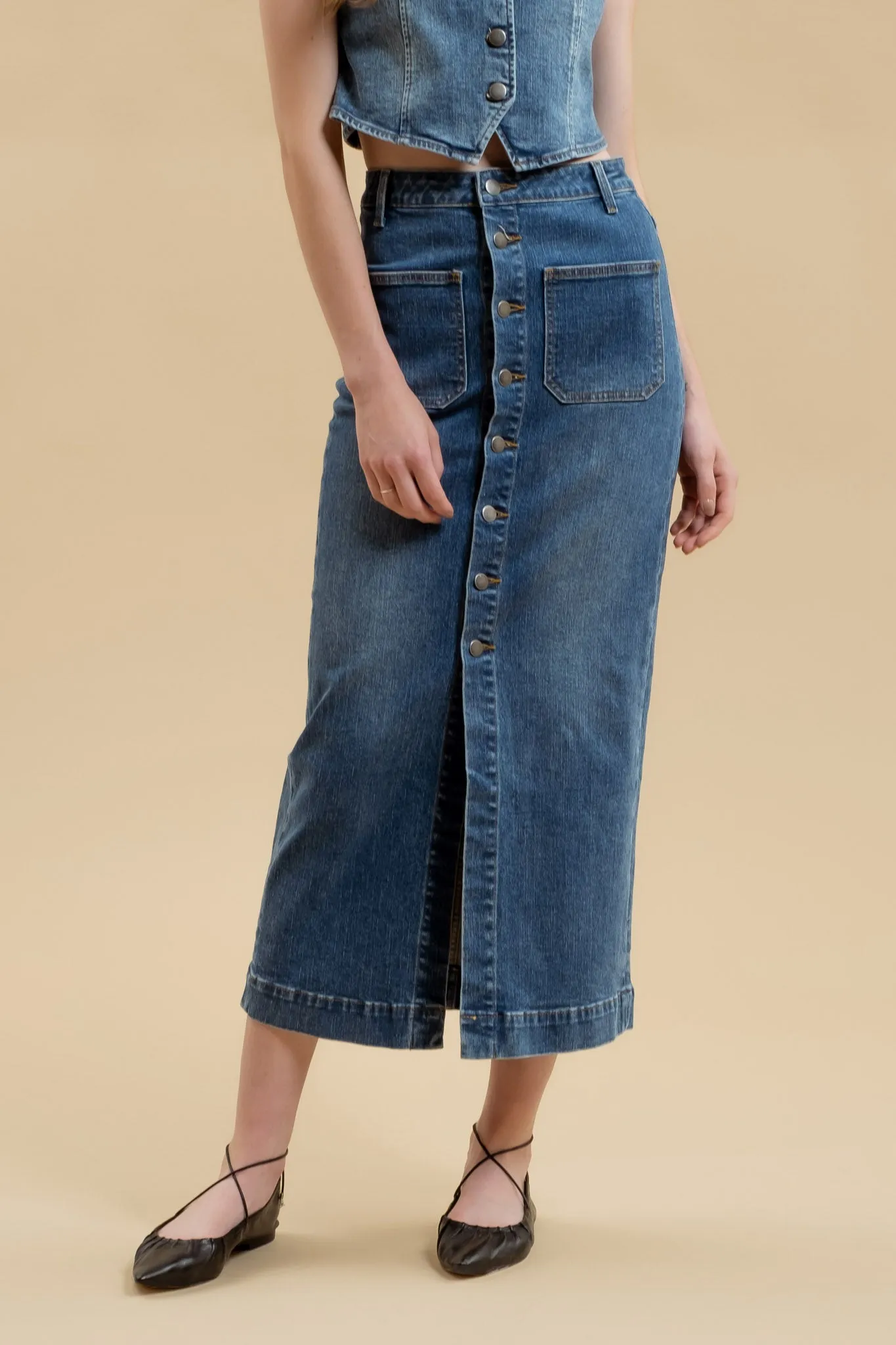 BUTTON DOWN DENIM MIDI SKIRT sold by Blu Pepper product image thumbnail 4