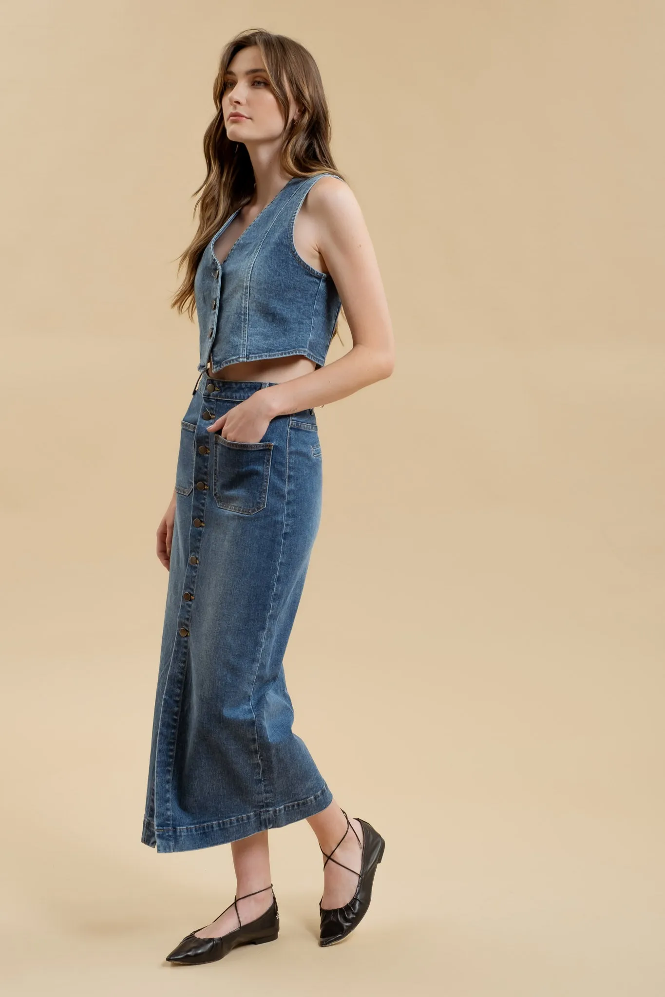 BUTTON DOWN DENIM MIDI SKIRT sold by Blu Pepper product image thumbnail 3
