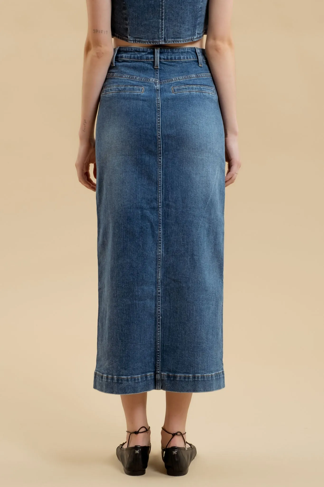 BUTTON DOWN DENIM MIDI SKIRT sold by Blu Pepper product image thumbnail 5