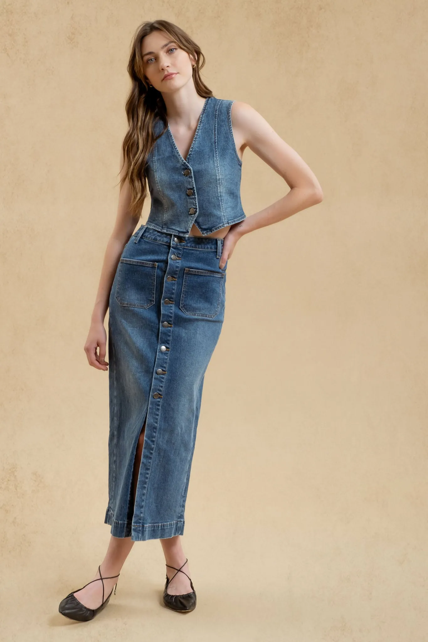 BUTTON DOWN DENIM MIDI SKIRT sold by Blu Pepper