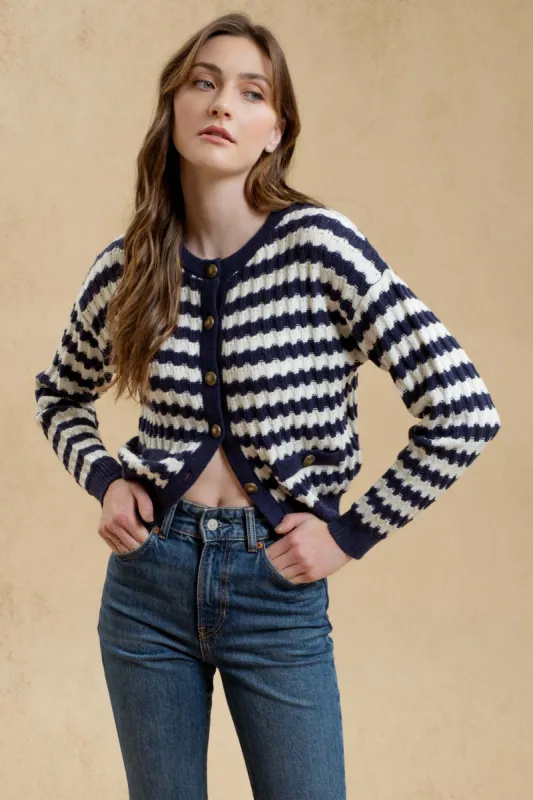 STRIPE CREW NECK KNIT CARDIGAN sold by Blu Pepper