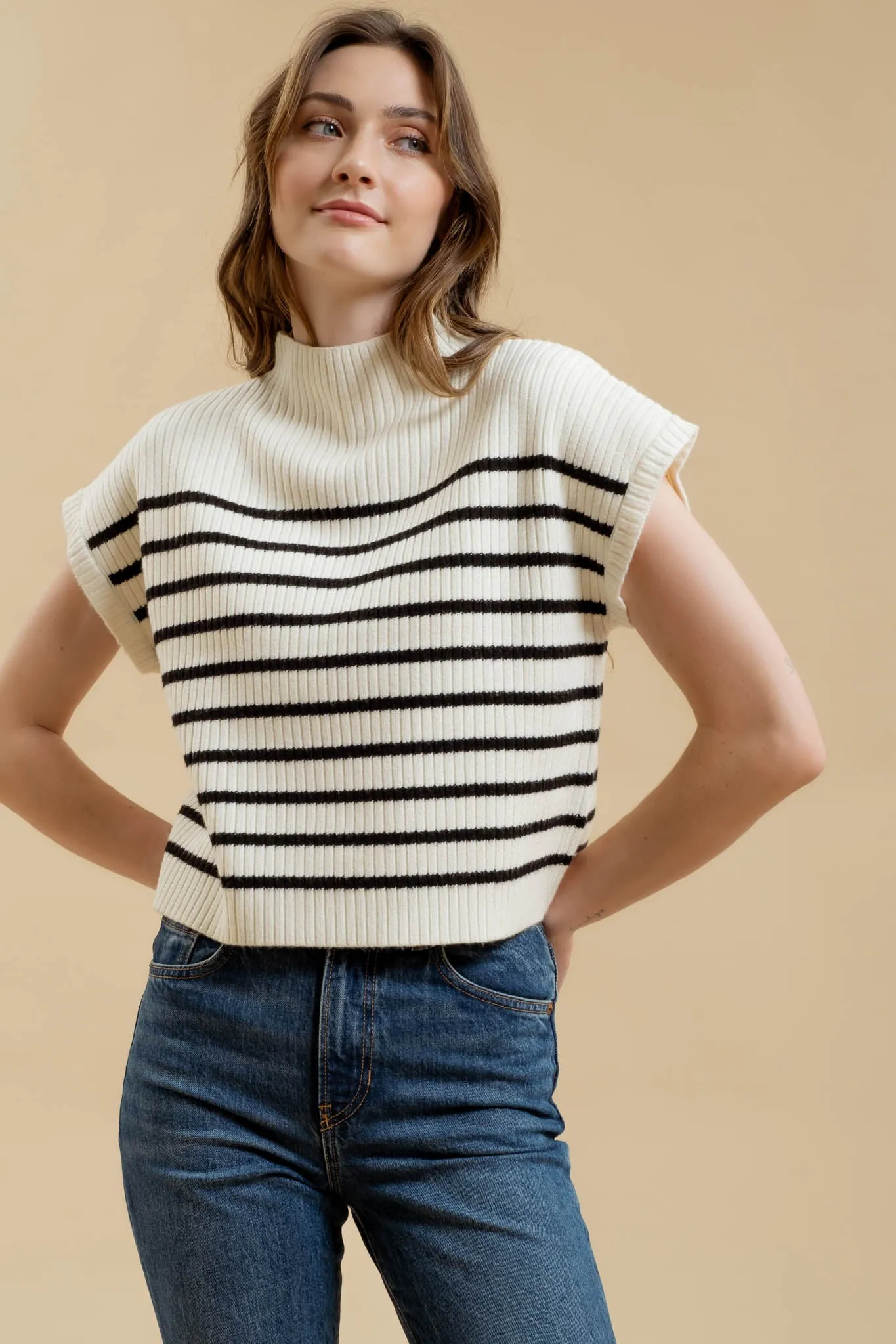 STRIPE FUNNEL NECK DROP SHOULDER SWEATER KNIT TOP sold by Blu Pepper