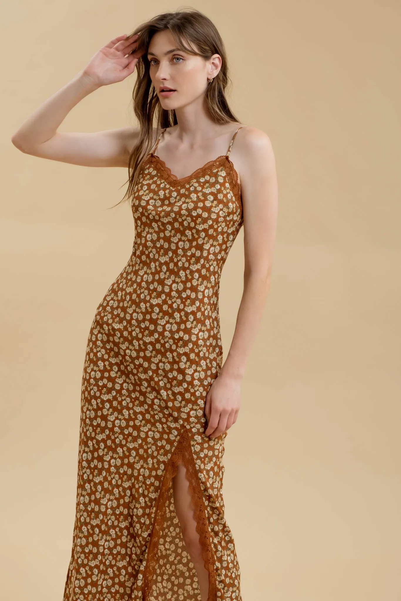 FLORAL LACE TRIM SPLIT THIGH SLIP MAXI DRESS sold by Blu Pepper product image thumbnail 5