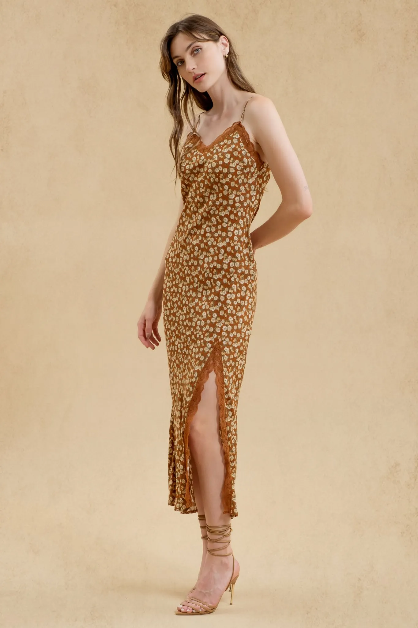 FLORAL LACE TRIM SPLIT THIGH SLIP MAXI DRESS sold by Blu Pepper product image thumbnail 3