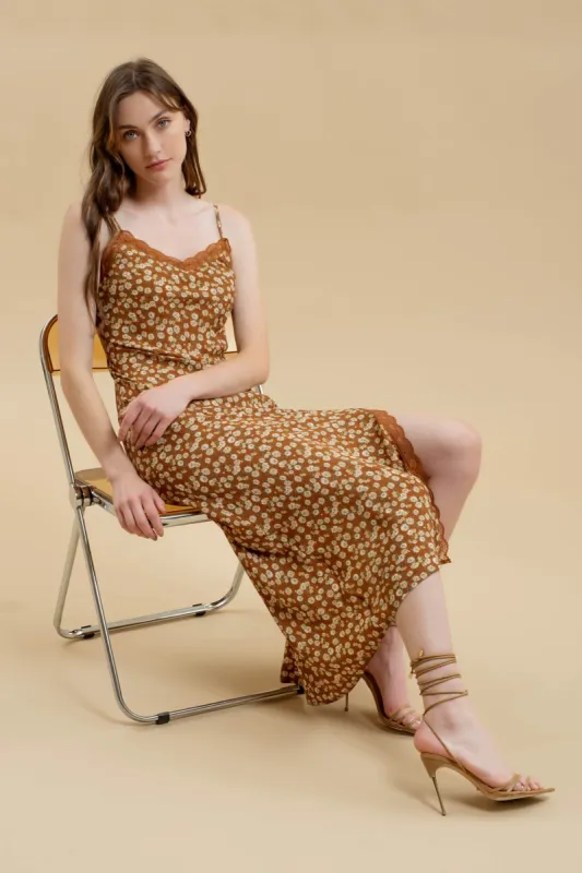 FLORAL LACE TRIM SPLIT THIGH SLIP MAXI DRESS sold by Blu Pepper