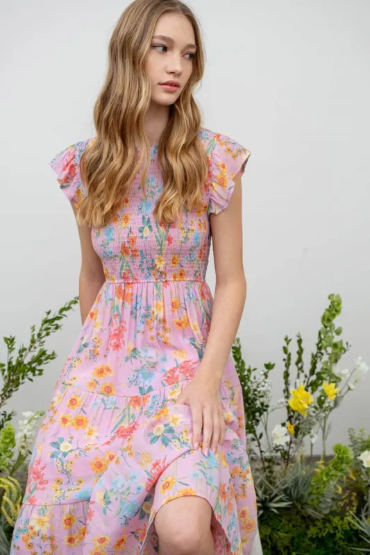 FLORAL SMOCKED RUFFLE SLEEVE TIERED MIDI DRESS sold by Blu Pepper